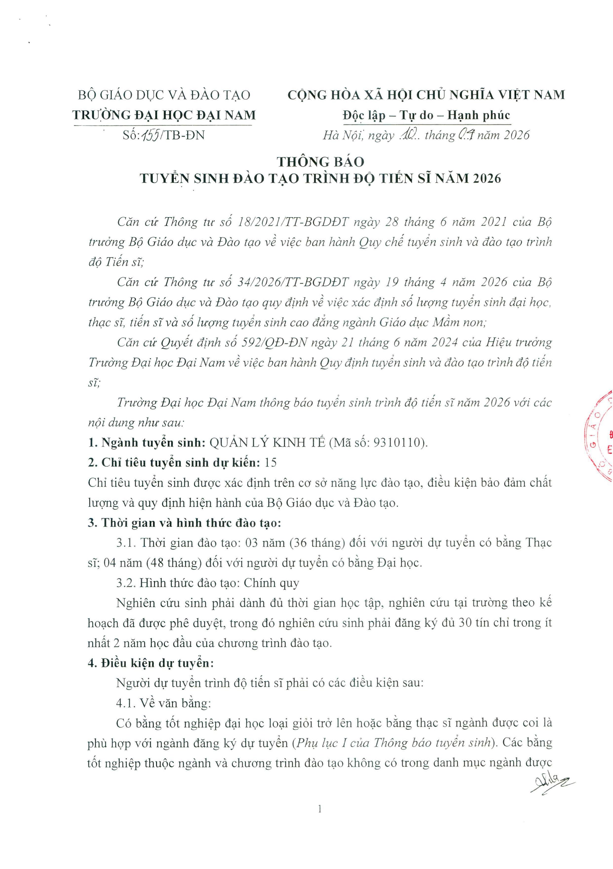 TB 155 Tuyển sinh đào tạo trình độ Tiến sĩ năm 2026-0001.jpg